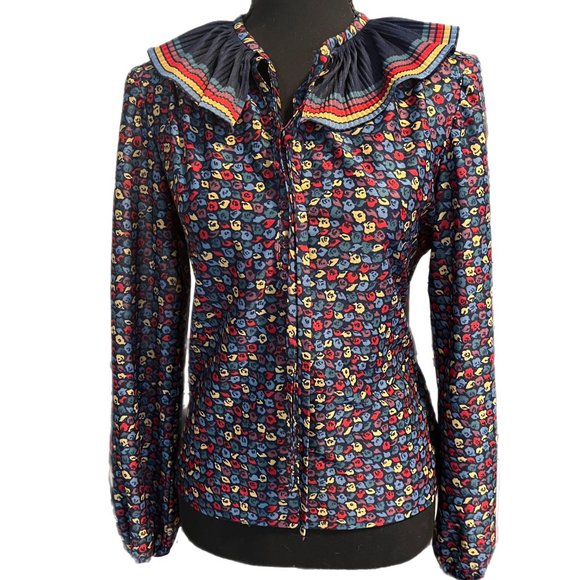Vintage Tops - 1960s colorful abstract pattern blouse with striped frill collar